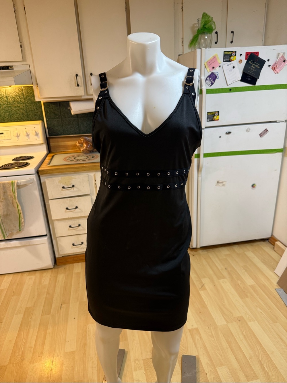 Black Eyelet-Trim V-Neck Mini Dress